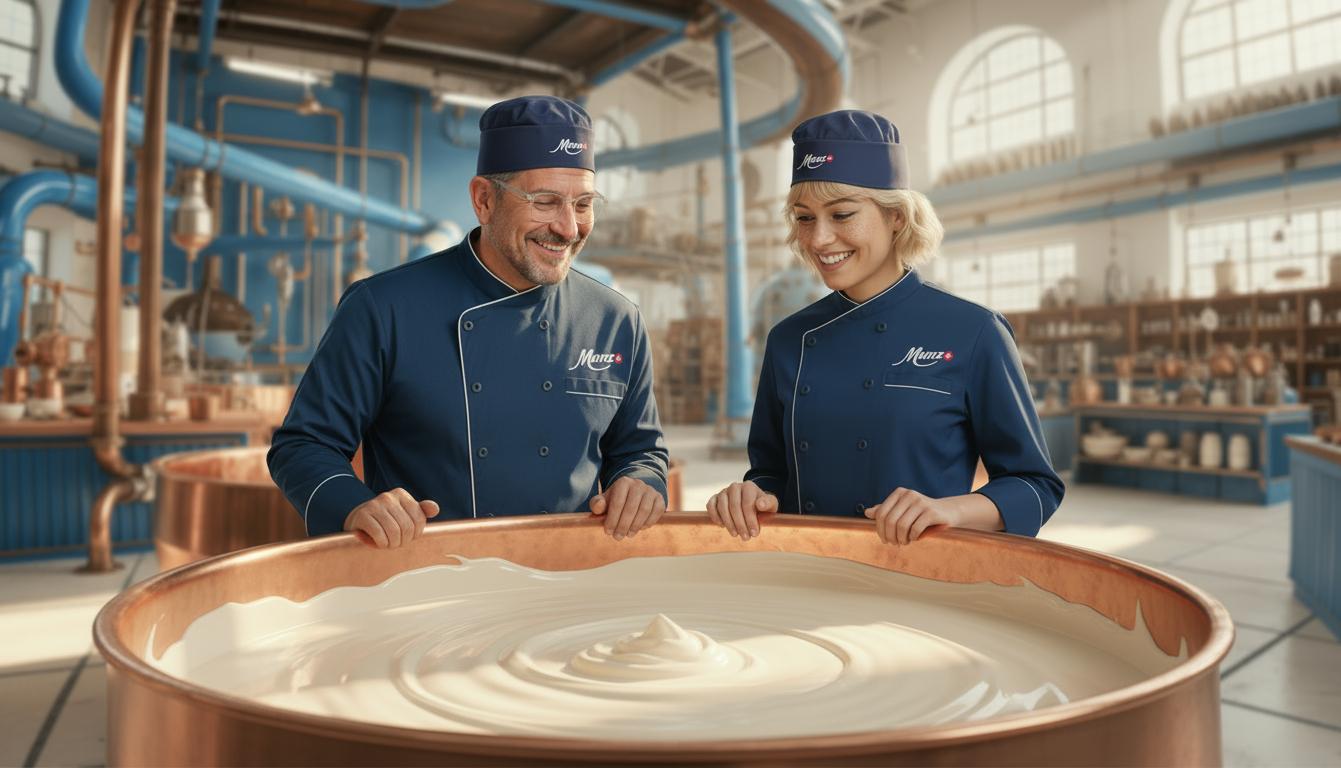 Munz Schoggi-Tüftler im Labor, Mann und Frau. Weisse Munz Schokolade