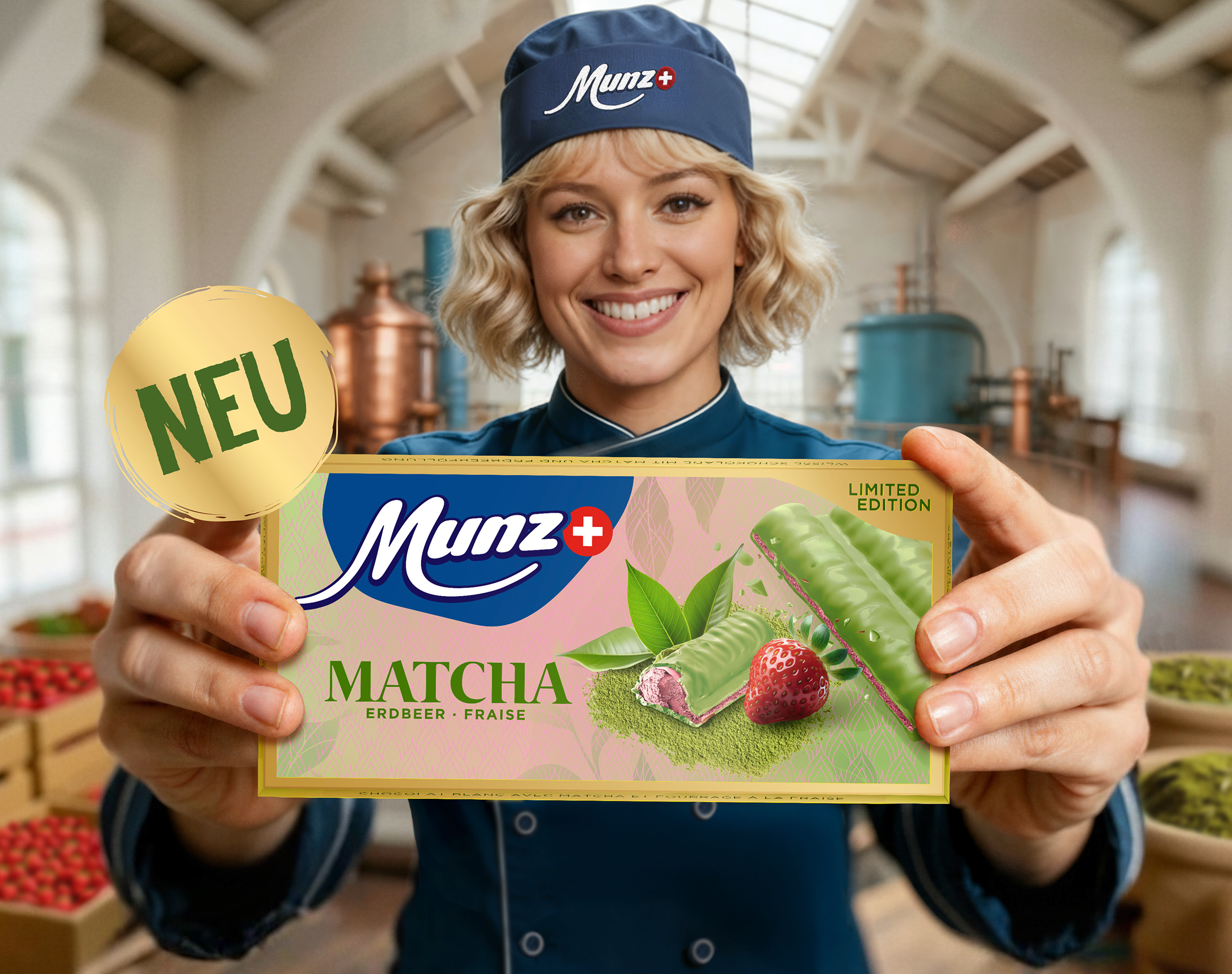 Frau mit Munz Tafel Matcha Erdbeer